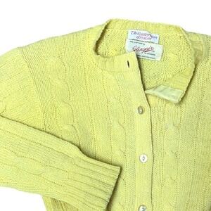 Vintage 60s Glengaire Edinburgh Shetland Wool Cable Knit Cardigan Sweater Yellow